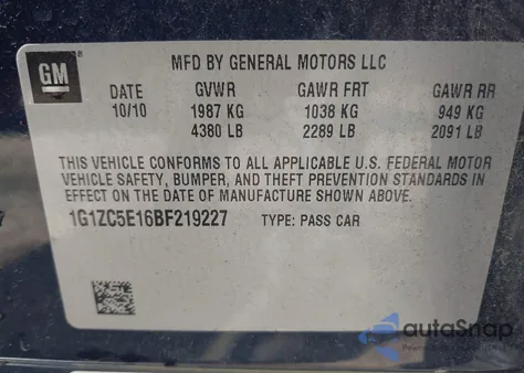 2011 Chevrolet Malibu 1Lt from USA, damaged, VIN 1G1ZC5E16BF219227